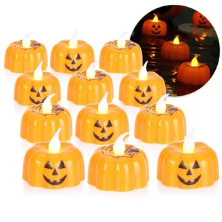 com-four® 12x LED Teelichter Halloween - flackernde Teelichter in Kürbisform - batteriebetriebene LED-Kerzen - Stimmungsbeleuchtung für Kürbisse (12x Kürbis-Teelicht)