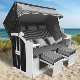 Strandkorb Usedom 3-Sitzer XXL für 2-3 Personen | 165cm breit | 5 Designs | inkl. wetterfeste Abdeckhaube | verstellbare Rückenlehne Fußkissen | Anthrazit/Grau - gestreift - Grau