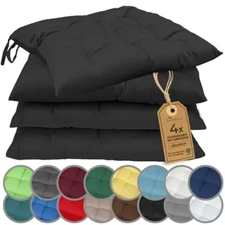 NatureMark 4er Set Stuhlkissen mit Bändern 40x40 cm – Gefüllte Sitzkissen, Outdoor & Indoor – Schwarz