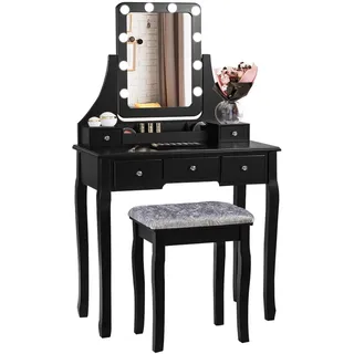 Costway Schminktisch mit Hocker, 360° drehbarem Spiegel und 10 dimmbaren LED-Birnen, Frisiertisch mit 5 Schubladen und Organisator, Kosmetiktisch aus Tisch und Abnehmbarer Oberteil (Schwarz)