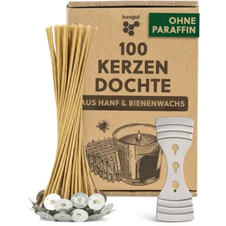 beegut 100 nachhaltige Kerzendochte für Kerzen (10 cm) aus Hanf & natürlichem Bienenwachs, ohne Paraffin, rußfrei, im praktischen Kerzendocht Set mit Docht Halter – ideal zum Kerzen Selber Machen