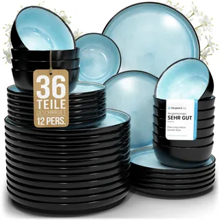 Steingut Geschirrset 12 Personen Ibiza 36 tlg. TESTSIEGER, Traumhaftes Mediterranes Steingut Geschirr Set, Schüssel- und Teller Set, Tafelservice 12 Personen, Geschirrsets Pure Living in Aquamarin
