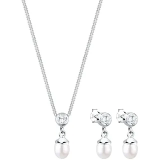 Elli Schmuckset Damen Süßwasserzuchtperle und Zirkonia Kristalle in 925 Sterling Silber