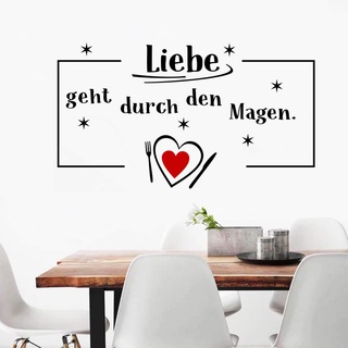 WandSticker4U®- XL Wandtattoo Sprüche Küche LIEBE GEHT DURCH MAGEN + 10x STERNE + Herz I Wandbilder: 100x56 cm I Wand Deko Zitate Wohnzimmer Esszimmer Wandsticker Schriftzug schwarz Aufkleber