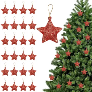Sterne Weihnachtsbaum, 24pcs Sterne Deko Hängend, Weihnachtsdeko Sternes, Geeignet zum Weihnachtlichen Aufhängen An Weihnachtsbäumen, Kaminen, Fenstern, Tischdekorationen(Rot)
