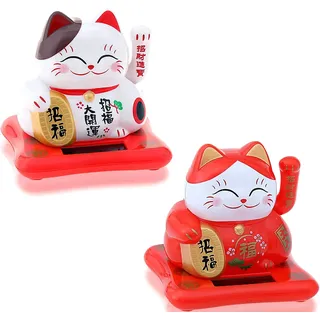 Winkekatze - Winkende Japanische Glückskatze - Wackelfigur Glücksbringer Büro Schreibtisch - lustige Scherzartikel - Abschiedsgeschenk Kollege - Wichtel-Geschenk (Weiß & Rot Solar)