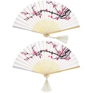 2 Stück Falten Fans Handheld Fans Bambus Fans mit Quaste Damen Hollowed Bamboo Hand Halten Fans für Wanddekoration, Geschenke (Weiße Kirsche)