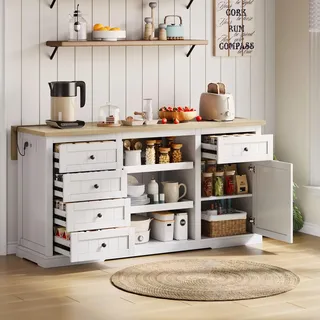 okwish Kücheninsel Sideboard mit 5 Schubladen und 2 Ausziehböden,Bar-Schrank Beistellschrank mit  klappbarer Erweiterungsplatte und integrierten Steckdosen,Weiß - Weiß