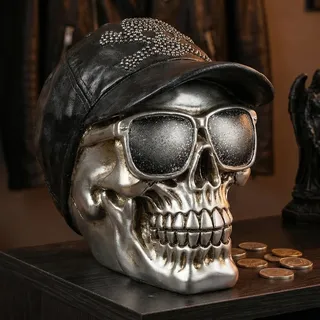 MIJOMA Spardose im Totenkopf-Design – Handbemalte Schädel-Spardose aus Polyresin mit Sicherheits-Schloss – Stilvolle Aufbewahrung für Ersparnisse (mit Basecap)