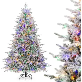 COSTWAY Künstlicher Weihnachtsbaum 210cm, beflockter Tannenbaum mit 350 mehrfarbigen LEDs, 8 Lichtmodi & 1164 Zweigspitzen, beleuchteter Christbaum - Grün, Weiß