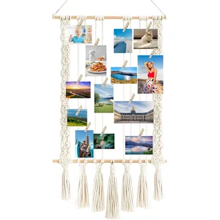 XMDROU Bilderrahmen mit Klammern und Leine, Boho Deko Fotoleine mit 30 Klammern und 2 Spurlosen Nägeln DIY Foto Pinnwand Bilderrahmen mit Schnur Holzclips Fotohalter Wand für Wohnkultur