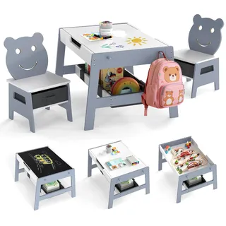 FANTASK Kindertisch mit 2 Bärenstühlen, 5-in-1 Maltisch mit Wendetafel & Whiteboard, Kindersitzgruppe mit 4 Haken & Stoffbehältern, für Kinder ab 3 Jahren, 70 x 60,5 x 45 cm (Grau)