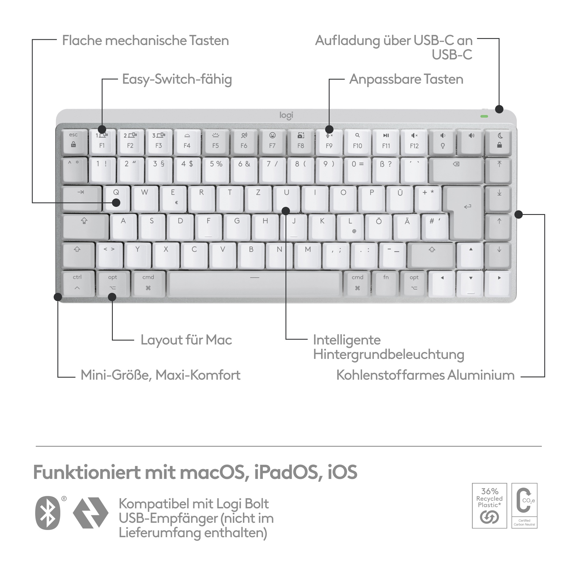 Bild von MX Mechanical Mini for Mac Pale Gray, Kailh Choc V2 LOW PROFILE BROWN, Logi Bolt, USB/Bluetooth, DE (920-010794)