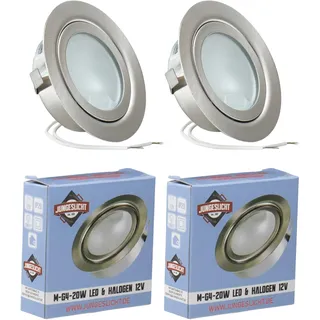JungesLicht - Möbeleinbauleuchte 12V G4 20W, Bohrloch 55-60mm passend, Tiefe 23mm, Außen 73mm, gebürstet, (Halogen Leuchtmittel inklusive, LED geeignet), dimmbar, Möbelleuchte, Spiegelleuchte, 2 Stück
