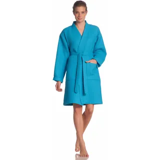 Unisex-Bademantel VOSSEN "Rom, ideal für Sauna & Spa, Hotelbademantel, Morgenmantel" Gr. XL, blau (türkis), L:100cm, Waffelpiqué, Hausmäntel, Unisex-Bademantel, für Damen & Herren, Waffelpiqué-Struktur, in leichter Qualität