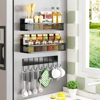 Miyawell Magnetisches Gewürzregal für Kühlschrank, 3 Stück, magnetisches Regal, Kühlschrank-Organizer, Magnetregale für Küchenorganisation und Aufbewahrung, bewegliche Gewürzregale mit 8 Haken, Metall