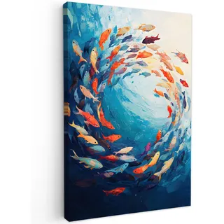 MuchoWow Leinwandbild Meer - Fische - Bunt - Dynamisch Deko Groß 90x140 cm , Hellblau , Textil , Kiefer , Rechteckig , 90x140 cm , FSC 100% , gerahmt , Bilder & Rahmen, Bilder, Leinwandbilder
