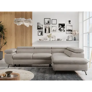 Ecksofa Sofa Beige, Wohnlandschaft L-Form mit Schlaffunktion und Bettkasten, Schlafsofa mit Bettkasten, Sofa mit Einstellbare Kopfstützen, Peter L - Beige Velvet - Rechts Beige - Beige