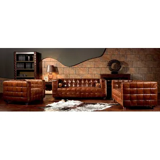 Klassische Echtleder Couch Polster Sofagarnitur Sitz Garnituren Couchen 3tlg neu - Hellbraun