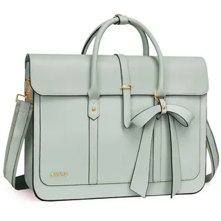 MOSISO 16 Zoll Laptoptasche für Damen, 15-15,6 Zoll PU Leder Laptop Umhängetasche Umrüstbar auf Rucksack, Lässig Handtasche Aktentasche Arbeit Reisen Tasche mit Schleifenknoten, Salbei Grün