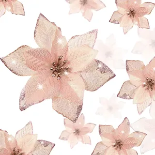 WILLBOND 36 Stück glitzernde Weihnachtsstern-Blumen, künstliche Blumen, Hochzeit, Glitzer, Weihnachtsbaum, Neujahrs-Ornamente (Roségold, 7,6 cm, 10,2 cm, 15,2 cm)