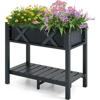 COSTWAY Hochbeet mit Ablage und Drainagelöchern, Blumenbeet Pflanzkasten Holz 86x45x73cm Schwarz - Schwarz