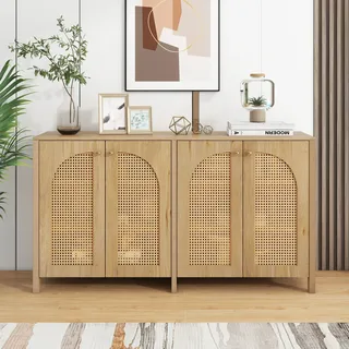 Modernes Sideboard im minimalistischen Stil 4-Rattantür, Metallgriff einfaches Buffetschrank für Esszimmer, Wohnzimmer, Küche - Gelb