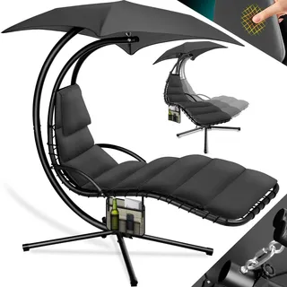 KESSER® Schwebeliege mit Sonnenschirm, Hängeliege , Sonnenliege H200, L194, B100 cm, Relaxliege, Schaukelliege Hängematte , bis 120 kg belastbar , Schaukelliege, Auflagen - Nackenkissen - Grau