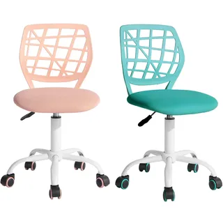 FurnitureR FR Carnation Rose I Schreibtischstuhl Bürostuhl Stoffsitz Ergonomischer Arbeitsstuhl ohne Armlehne, Höhenverstellbarer Drehstuhl, 2er-Set, Aqua+Hellrosa, I, Textil Metall, 40x38.5x87cm