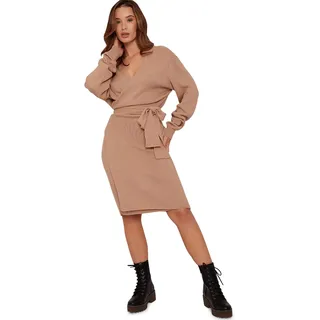 Chi Chi London Damen Wickelkleid mit V-Ausschnitt in Beige Kleid, Hellbeige, Medium