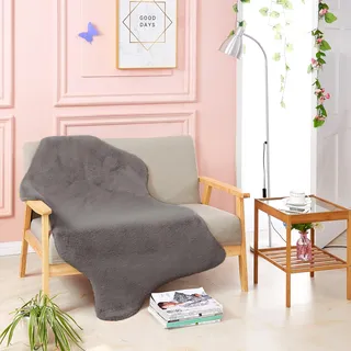 Teppich Wölkchen Fellteppich, Kunstfell Teppich Waschbar, Hasenfell Imitat, Kaninchenfell, Kurzfell - Flauschiger Teppich, Bettvorleger, Fell für Sofa - Dunkelgrau - Fell 80x120cm