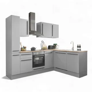 Stella Trading Denver Moderne Eckküche mit Elektrogeräten in Grau, Lancelot Eiche Optik - Geräumige Küchenzeile in L-Form mit viel Stauraum - 250 x 211 x 60 cm (B/H/T)