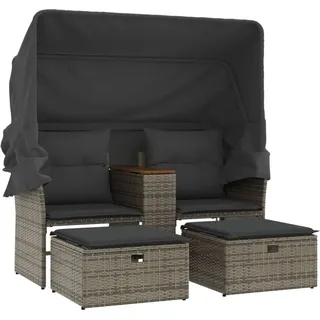 Gartensofa 2-Sitzer mit Dach und Hockern Grau Poly Rattan - Grau