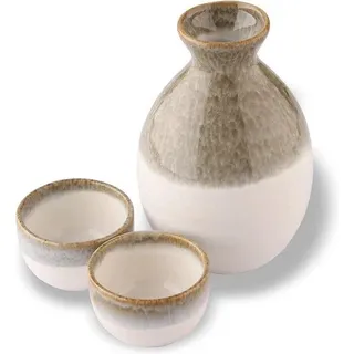 Japanische traditionelle Keramik-Sake-Sets, Tokkuri-Sakekaraffe und 2 Ochoko-Guimomi-Sakebecher, Beige-Keramik, Bokashi-Set