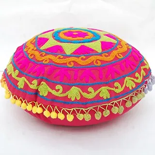 Traditionelle Jaipur Boho werfen runde Form Suzani Kissen, bestickte Kissenbezüge 16 ", dekorative Kissenbezüge, indische Pom Pom Outdoor Kissen, Boho Pillow Shams
