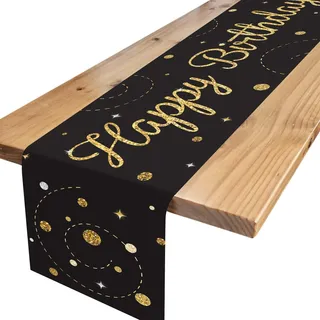 Tischläufer Geburtstag Schwarz Gold, Tischdecke Geburtstag mit Konfetti, Happy Birthday Tischläufer zum Geburtstag, Tischdeko Geburtstag für Junge Mädchen Party Geburtstagsdeko, 180 x 35 cm