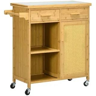 Homcom Küchenwagen mit Schublade, Schrank, offenem Ebenen, Servierwagen, Aufbewahrungswagen mit Handtuchhalter, Bambus, Natur, 84 x 36 x 85 cm