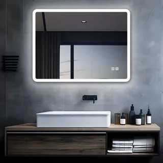 MIQU LED Badspiegel mit Beleuchtung 80x60 cm Badezimmerspiegel, Bad Groß Spiegel mit 2 Touch Dimmbar Warm/Weiß Licht Beschlagfrei Wandspiegel für Badezimmer, WC, Flur runden Ecken