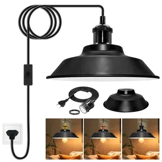 Vintage Hängelampe mit Stecker und Schalter, Industrielle Pendelleuchte Kit mit 500CM Kabel, Retro Hängeleuchte mit 23x7CM Lampenschirm aus Mattem Metall, Schwarz Kupfer E27 Fassung, Ohne Glühbirne