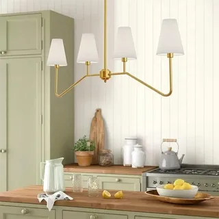 Moderner Kronleuchter, Gold Lineare Küche Lampe EsstischLeuchte mit weißem Stoff Schatten, höhenverstellbare Pendelleuchte für Wohnzimmer Schlafzimmer Flur höhenverstellbar (Gold,4 Heads)
