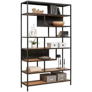 Ambia Home Regal , Schwarz, Akaziefarben , Holz, Metall , Akazie, Mangoholz , vollmassiv , Holz , 8 Fächer , 120x201x38 cm , stehend, in verschiedenen Größen erhältlich , Holzmöbel, Holzregale, Bücherregale Holz
