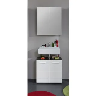 trendteam smart living - Line - Badkombination - Weiß Hochglanz/Grau - Waschbeckenunterschrank, Spiegelschrank - (BxHxT) 60 x 182 x 31 cm - chromglänzende Griffe