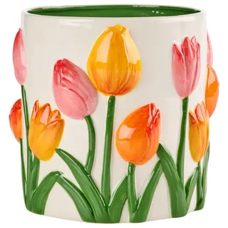 Übertopf , Grün, Orange, Weiß , Keramik , Blume , Blume , 18 cm , Dekoration, Blumen & Blumentöpfe, Übertöpfe