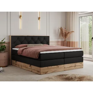 MKS Meble King Boxspringbett 180x200 mit Bettkasten Eiche, Polsterbett 180x200 mit Matratze H4, Bett 180x200 mit Kopfteil, Bett mit Holzrahmen in Wotan Eiche - Schwarz Kunstleder - Veneto King - Schwarz