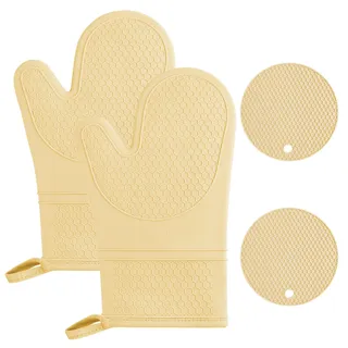 AUAUY 1 Paar Silikon Ofenhandschuhe Set, mit 2 Topflappen, Hitzebeständige