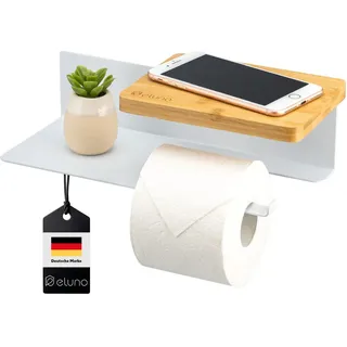 ELUNO Toilettenpapierhalter Varaz mit 2 Ablagen, Metall und Bambus , Weiß , 31.5x9.5x13 cm , Badezimmer, WC Ausstattung, Toilettenpapierhalter