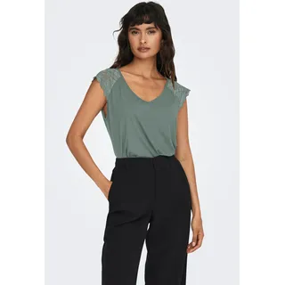 V-Shirt ONLY "ONLPETRA S/S LACE MIX TOP CS JRS", Damen, Gr. XL, grün (chinois grün), Single Jersey, Obermaterial: 95% Viskose, 5% Elasthan, unifarben, slim fit normal, V-Ausschnitt, Shirts V-Shirt