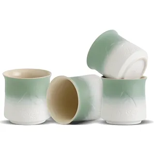 ZENS Japanische Teetasse 4er Set, 240ml Ästhetik geprägte Japan Tee Tasse für Matcha Tee, Chinesische Teetasse ohne Henkel, Japanische Teetasse Traditionelle,Teeliebhaber Geschenke, Moosgrün&weiß