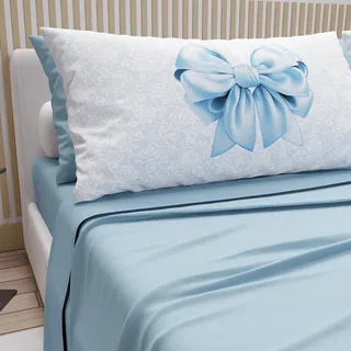 PETTI Artigiani Italiani - Bettwäsche aus Baumwolle mit Kissenbezügen mit Digitaldruck, für Einzelbett, komplettes Ober- und Unterlaken mit Ecken, Hellblau, 100% Made in Italy
