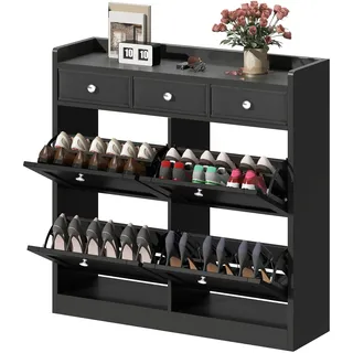 DWVO Schuhschrank Schwarz mit 4 Klappen, Schuhschrank, Schuhregal Schuhkipper Schmal, Shoe Cabinet Schuhkommode mit Schublade für Eingangsbereich, Flur